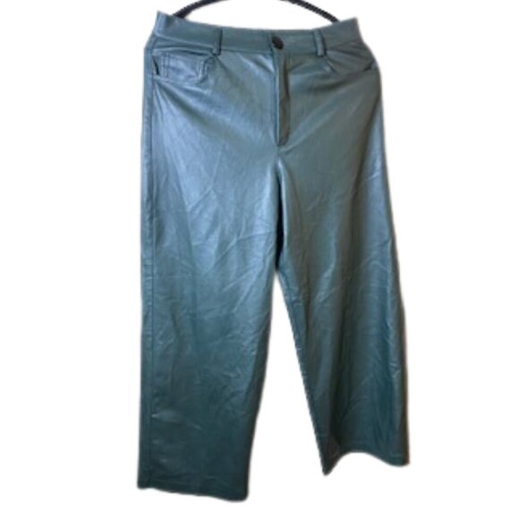 ZARA VEGAN GREEN MOSS WIDE LEG FAUX LEATHER JEANS MEDIUM/6 - Picture 6 of 7